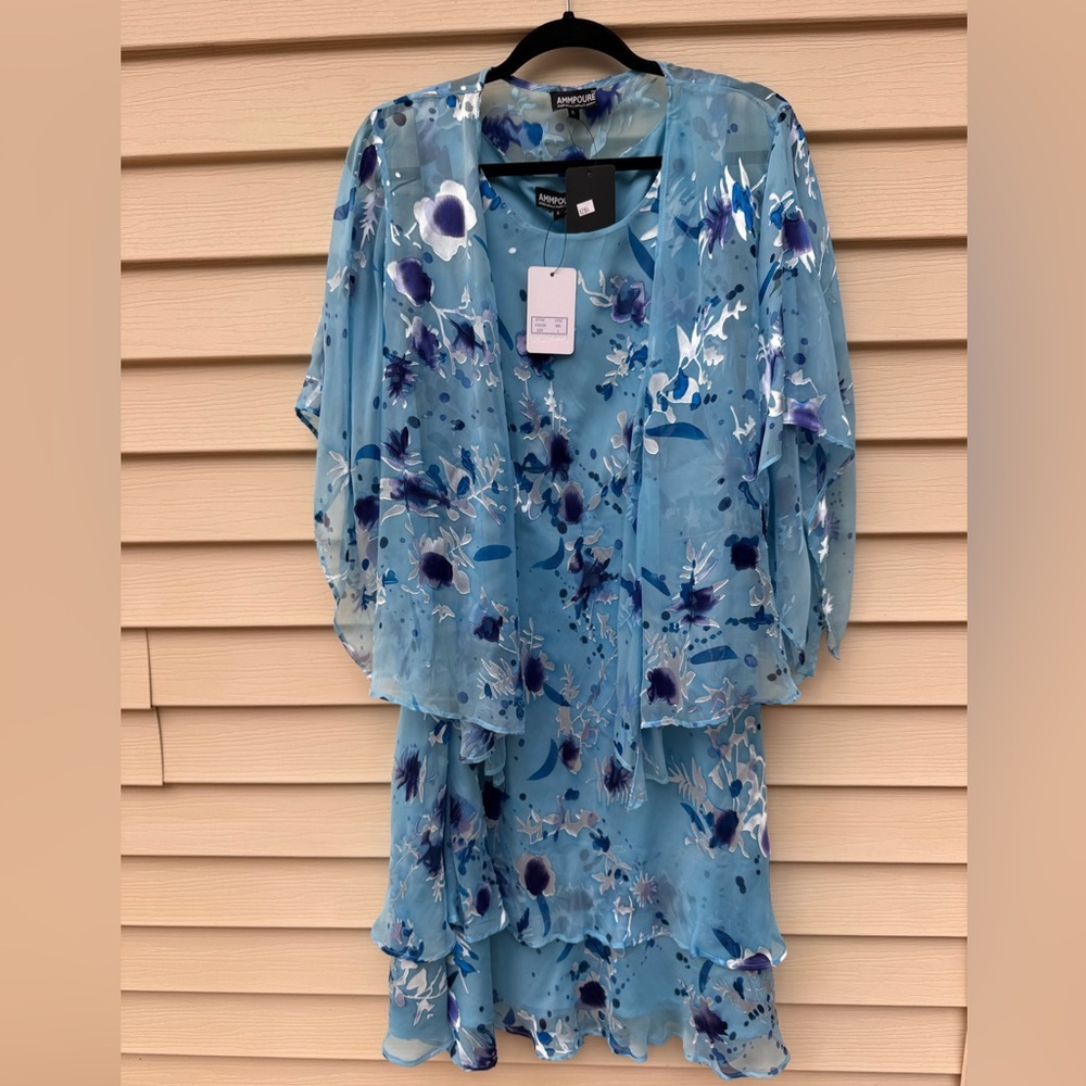 2Piece Set Blue Silk Floral Dress Sheer Overlay Sz Large NWT layered hem - Picture 2 of 16